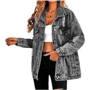 Women's Long Oversized Denim Jacket Ripped Distressed Jean Jackets Black